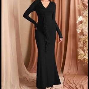 NWT Women’s Black Mesh Long Sleeve Ruffle Elegant Formal Maxi Dress Size Small